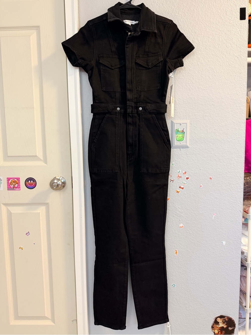 Good American Black Short-Sleeve Denim Jumpsuit